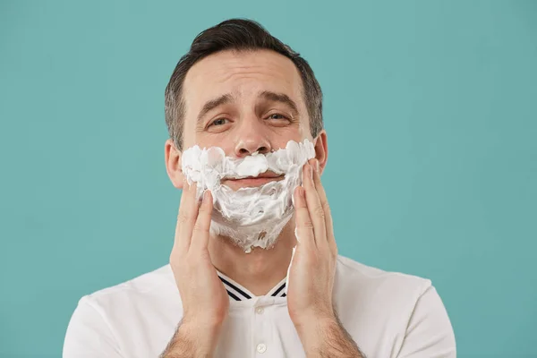 Head Shoulders Portrait Smiling Adult Man Shaving Looking Camera While — Stock Photo, Image