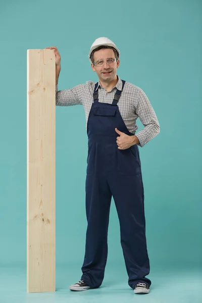 Full Length Portrait Professional Worker Builder Smiling Camera Showing Thumbs — Stock Photo, Image