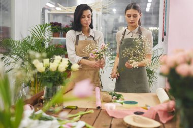Çiçekçide çalışırken buketleri ve çiçekli kompozisyonları düzenleyen iki yaratıcı genç kadının belden yukarı portresi.