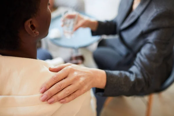 Close Female Psychologist Comforting African American Teenager Therapy Session Copy — Stock Photo, Image