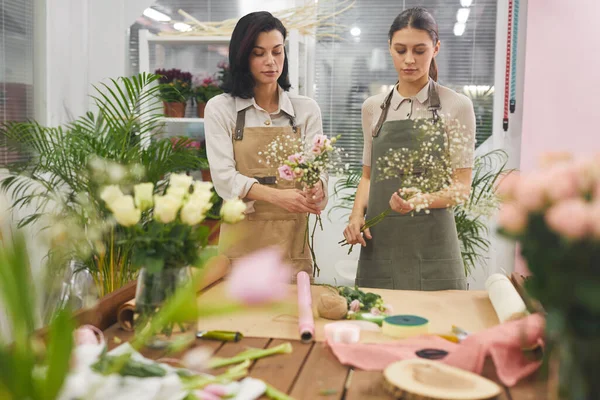 Retrato Cintura Hacia Arriba Dos Mujeres Jóvenes Creativas Que Arreglan — Foto de Stock