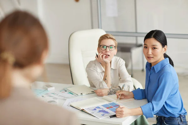 Three Modern Young Women Discussing Project Business Meeting — Stock Photo, Image