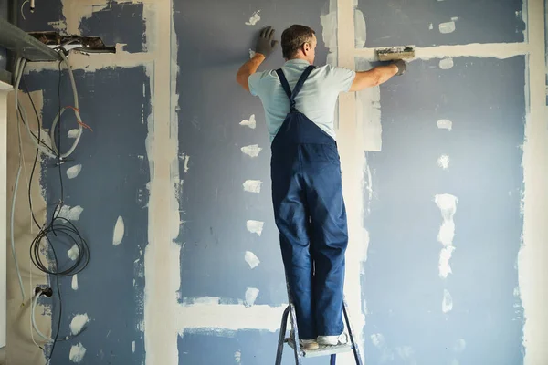 Volledige Achteraanzicht Van Senior Bouwvakker Gladstrijken Droge Muur Ladder Tijdens — Stockfoto