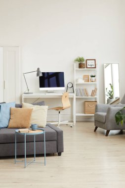 Minimum İskandinav dizaynlı rahat dairenin geniş açılı arkaplan görüntüsü ve dekor elementli gri kanepeye odaklan, boşluğu kopyala