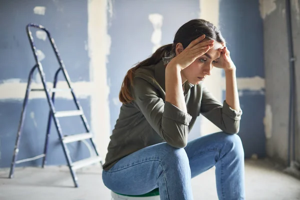 Portrait Frustrated Young Woman Sitting Paint Can Devastated Renovations Project — Stock Photo, Image