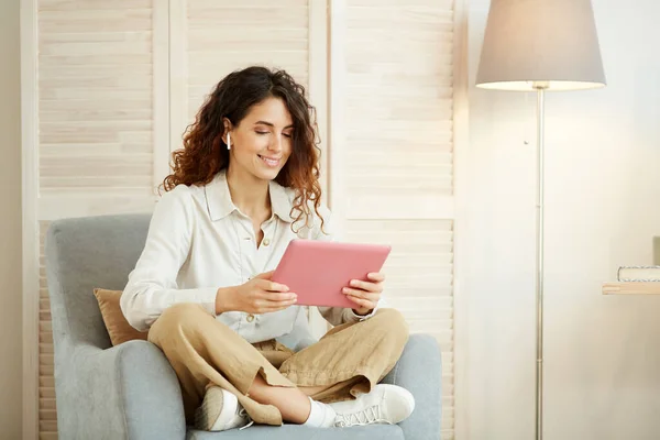Young Woman Sitting Armchair Living Room Doing Her Job Using — Stock Photo, Image