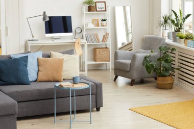 Modern stüdyo dairesinin arka plan görüntüsü gri ve beyaz renkte ve dekoratif unsurları olan kanepeye odaklan, boşluğu kopyala