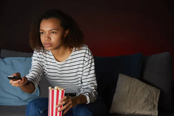 Portrait Young African American Woman Watching Home Holding Remote Control — Stock Photo, Image