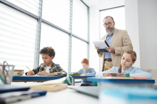 Portret Van Volwassen Bebaarde Leraar Die Tussen Rijen Loopt Terwijl — Stockfoto