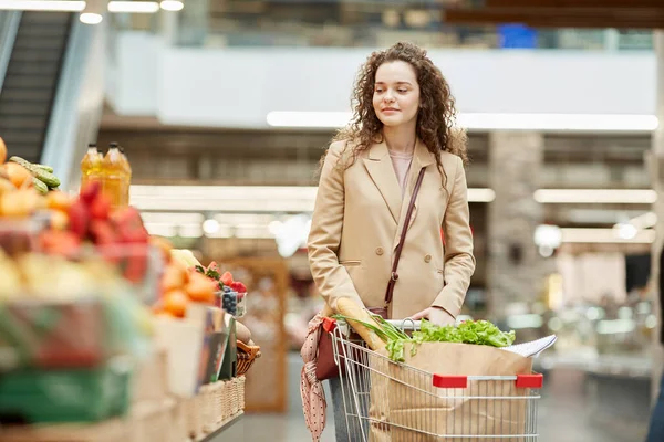 Retrato Cintura Hacia Arriba Una Joven Moderna Empujando Carro Compra — Foto de Stock