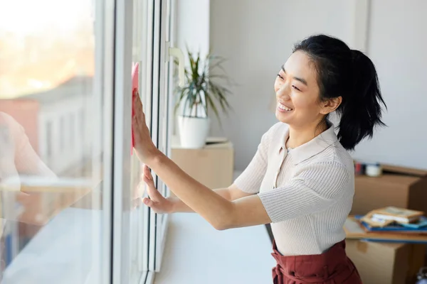 Waist Portrait Young Asian Woman Washing Windows While Enjoying Spring — Stock Photo, Image