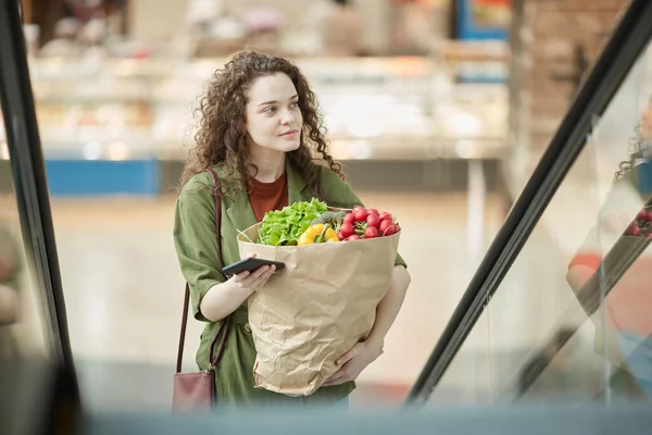 Retrato Ángulo Alto Mujer Joven Moderna Sosteniendo Bolso Con Comestibles — Foto de Stock