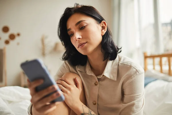 Warm Toned Portrait Modern Young Woman Using Smartphone While Sitting — Stock Photo, Image
