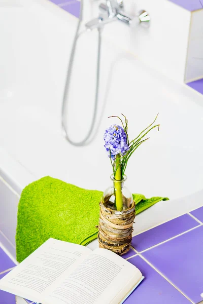 Purple hyacinth and a book at a bathtub
