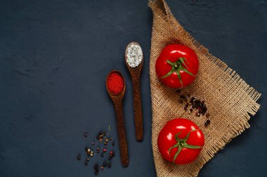 Tahta kaşık ve koyu mavi zemin üzerine malzemeler. Baharatlı yemek ve mutfak ketçap, üstten görünüm, metin için boş yer kavramı  