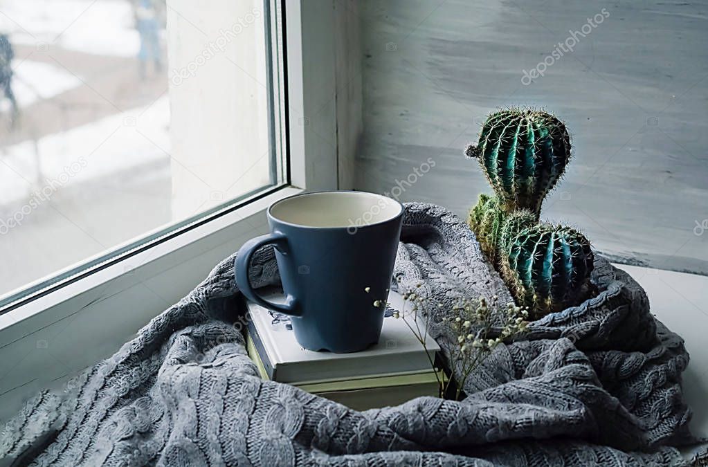 Scandinavian style, a cup on a pile of books on a knitted texture on the background of a window