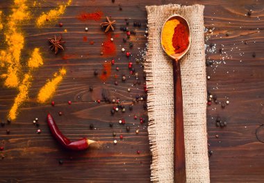 tahta kaşık çuval bezi ve malzemelerin koyu arka plan üzerine bir doku üzerinde. Arka plan baharat, zerdeçal, yıldız anason, karabiber, kırmızı biber ile. Üstten Görünüm. 
