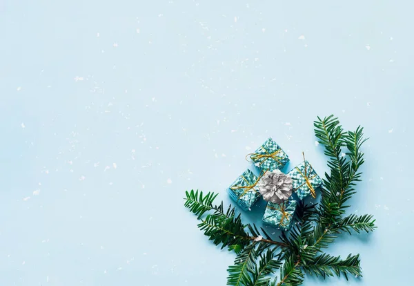 Christmas gift boxes on blue background. Festive background for decoration or projects. Copy space — 图库照片