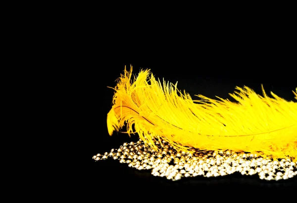 Penas de avestruz amarelas em fundo preto com contas de prata. Conceito de Mardi Gras. Antecedentes festivos para projetos. Close-up — Fotografia de Stock