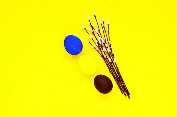 Renkli paskalya yumurtaları ve sarı arka planda söğüt dalları. Kutlama konsepti, minimalizm. Yakın plan. — Stok fotoğraf