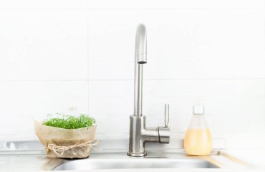 Mutfak arka planında biyofilik tasarım. Wabi Sabi Tarzı veya Coronavirus Koruması