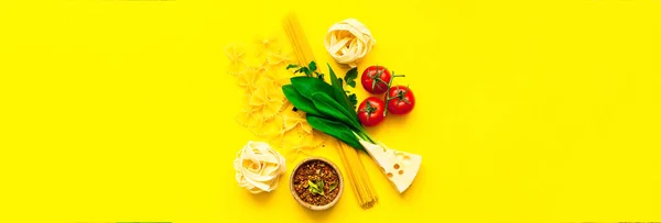 Various Uncooked Pasta Yellow Background Food Concept Sustainable Health Top — Stock Photo, Image