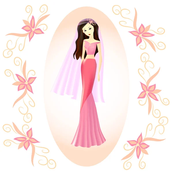 Jovem, noiva em um vestido rosa e com um véu rosa — Vetor de Stock