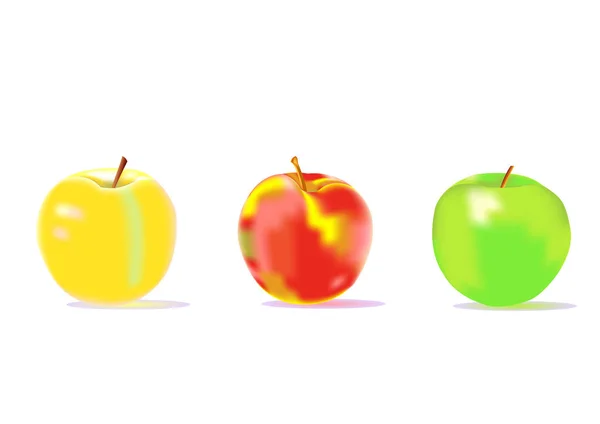 Gula, röda och gröna äpplen mot vit bakgrund, tre äpplen — Stock vektor