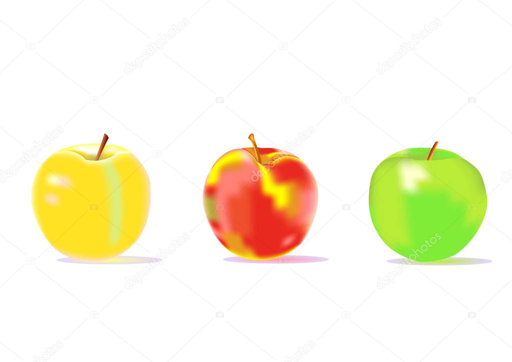 yellow, red and green apples on a white background, three apples