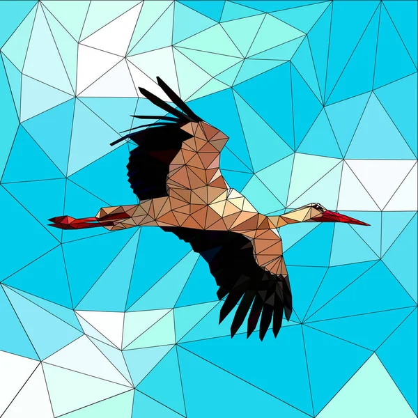 Πελαργός στο μπλε του ουρανού, χρωματιστά ψηφιδωτά με το περίγραμμα ενός πουλιού στο — Διανυσματικό Αρχείο