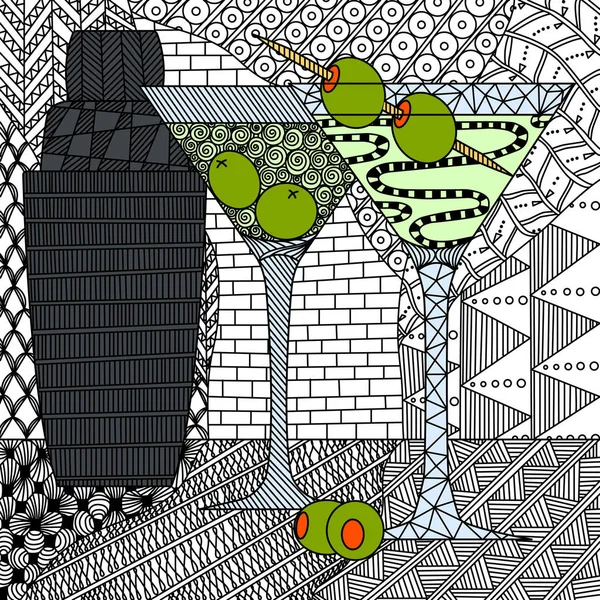 Zenart tarzında zeytinli ve karıştırıcılı martini bardakları.