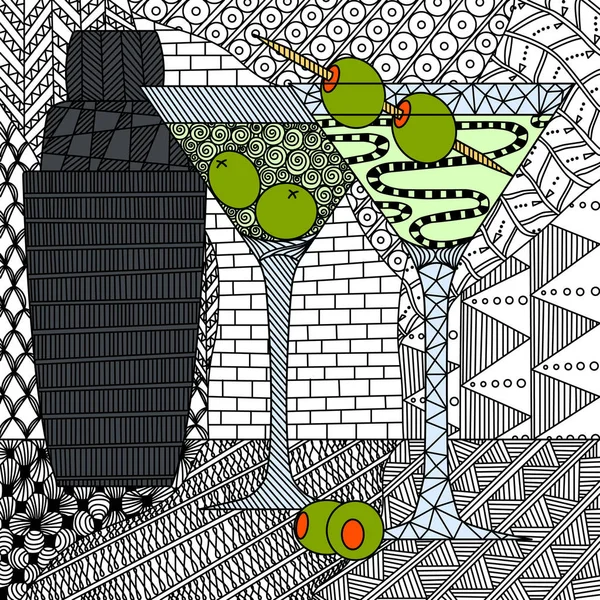 Vasos de martini con aceitunas y coctelera al estilo de Zenart, d Vectores De Stock Sin Royalties Gratis