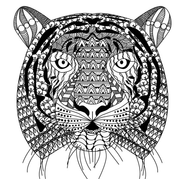 Zenart Style Tiger Head Moustache Black White Drawing Printable — Stock Vector