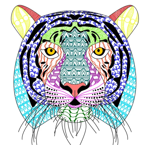 Zenart Zentangle Style Tiger Head Moustache Color Drawing Print — Stock Vector