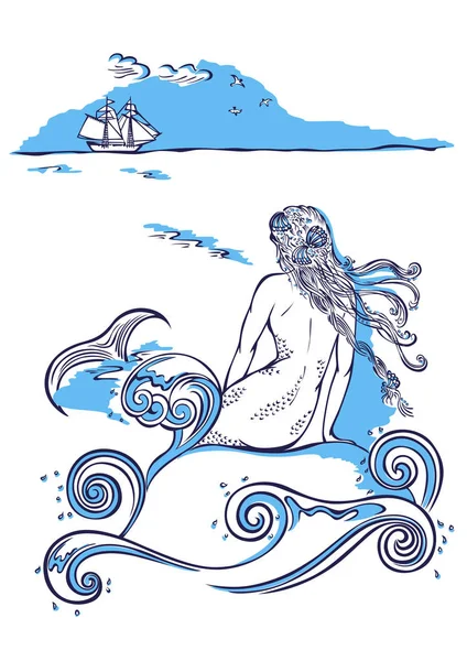 Sirena sentada en una roca, mirando el barco — Archivo Imágenes Vectoriales