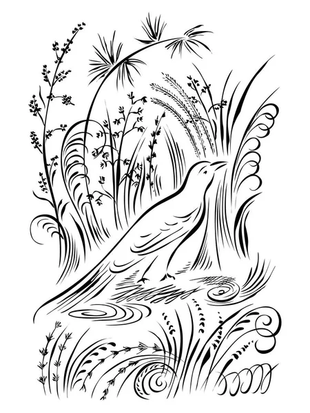 Uccello nell'erba. Calligrafia elementi vorticosi piante — Vettoriale Stock