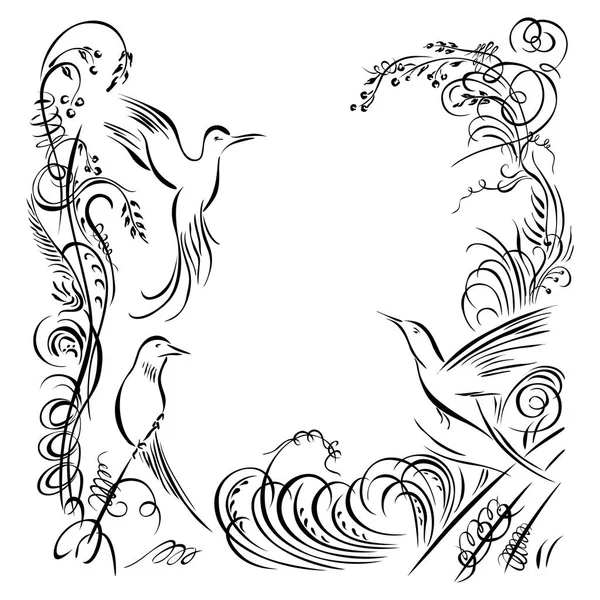 Three birds. Calligraphy swirling grass, flowers, plants element — Stock Vector