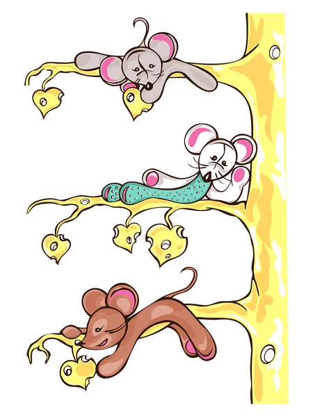 Illustration of three mice are on the cheese tree — Stock Vector