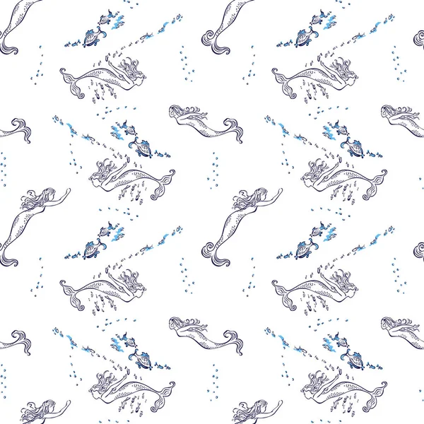 Seamless pattern. Mermaids swim between fishs — Stock Vector