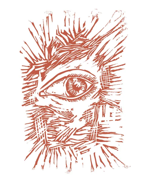 Ilustración gráfica de tinta de ojo humano en estilo linograbado. Diseño d — Vector de stock