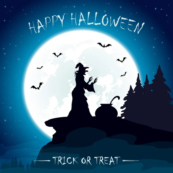 Halloween tema com bruxa e lua no fundo do céu —  Vetores de Stock