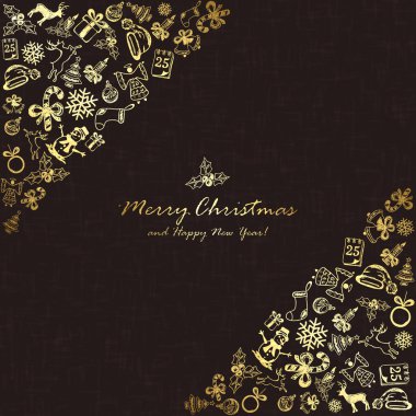 Köşede siyah zemin üzerine altın Noel öğeleri