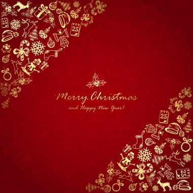 Köşede kırmızı zemin üzerine altın Noel öğeleri