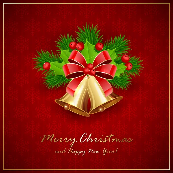 Cloches de Noël dorées avec arc et baies de houx sur fond rouge — Image vectorielle