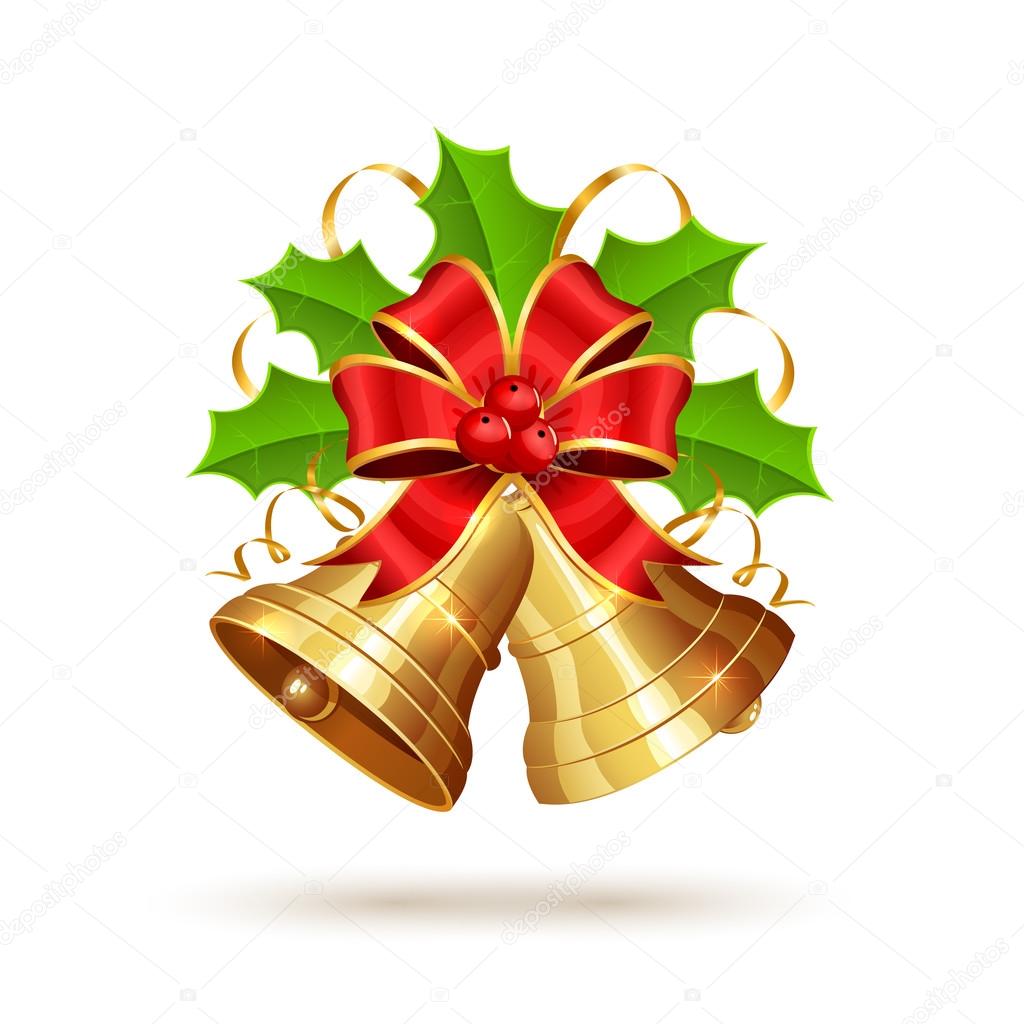 Download Cloches dorées avec arc rouge et baies de houx image ...