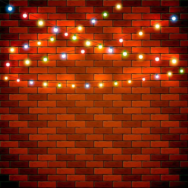 Fond de Noël avec des lumières colorées sur le mur de briques — Image vectorielle