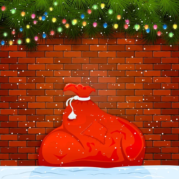 Sac de Père Noël sur un mur de briques — Image vectorielle