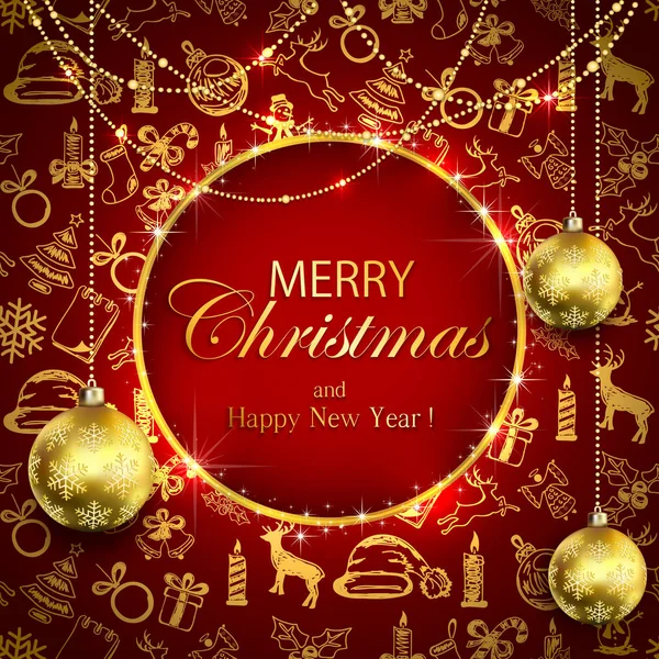 God jul på röd bakgrund med gyllene dekoration och bau — Stock vektor