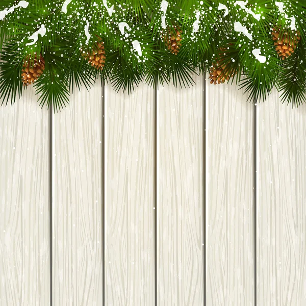 Tannenzweige mit Schnee und Zapfen auf weißem Holz — Stockvektor