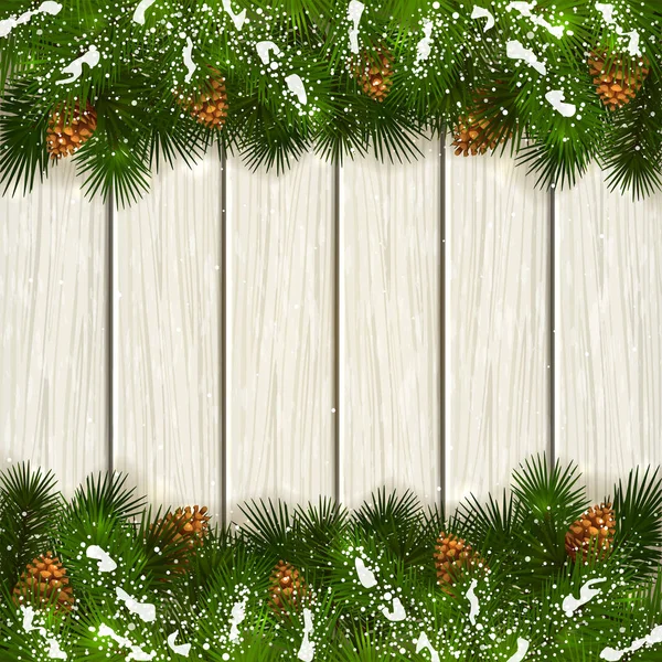 Fir julgran grenar med snö på vit trä bakgrund — Stock vektor